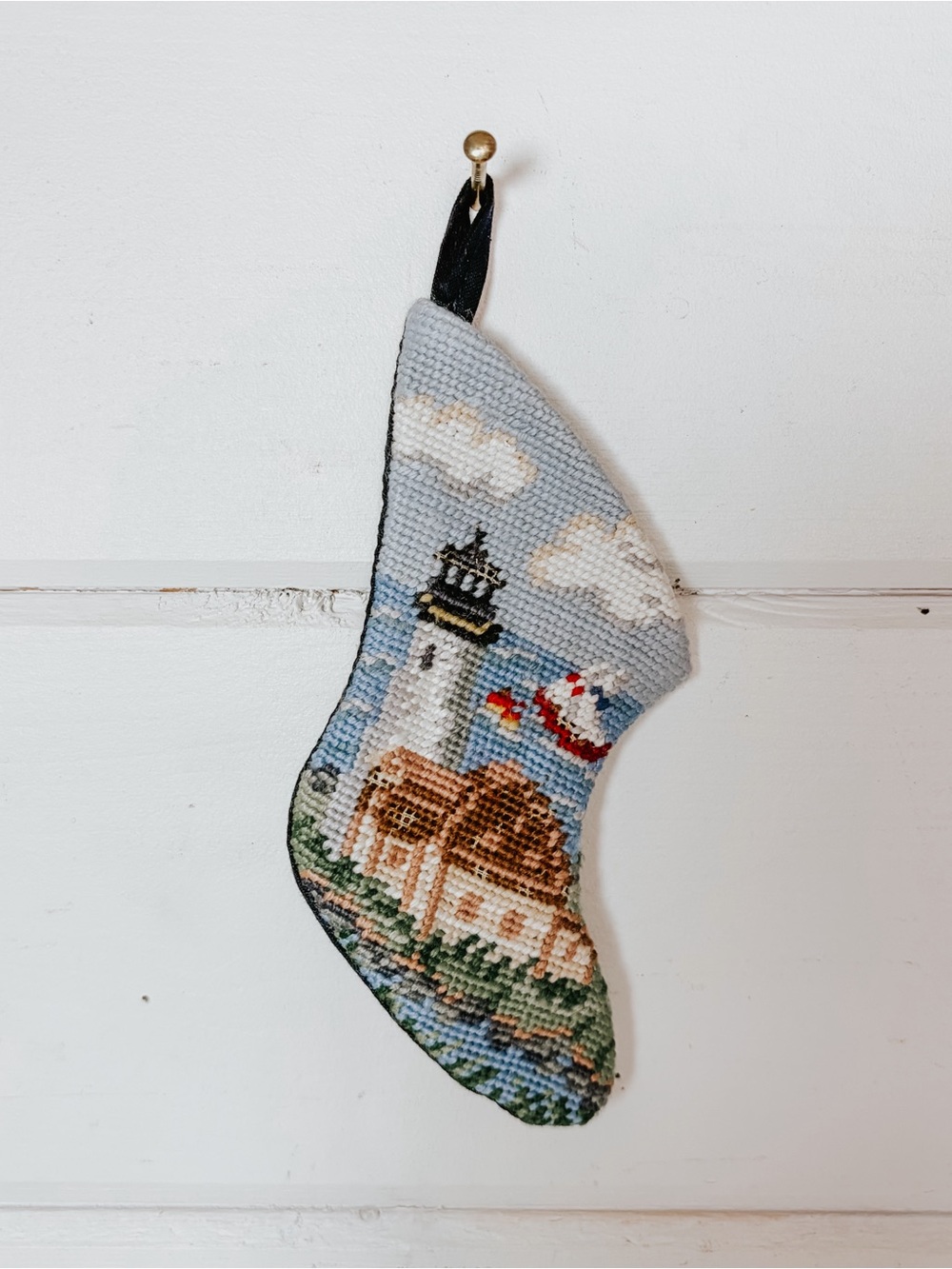 Vintage Needlepoint Mini Sailboat Lighthouse Stocking